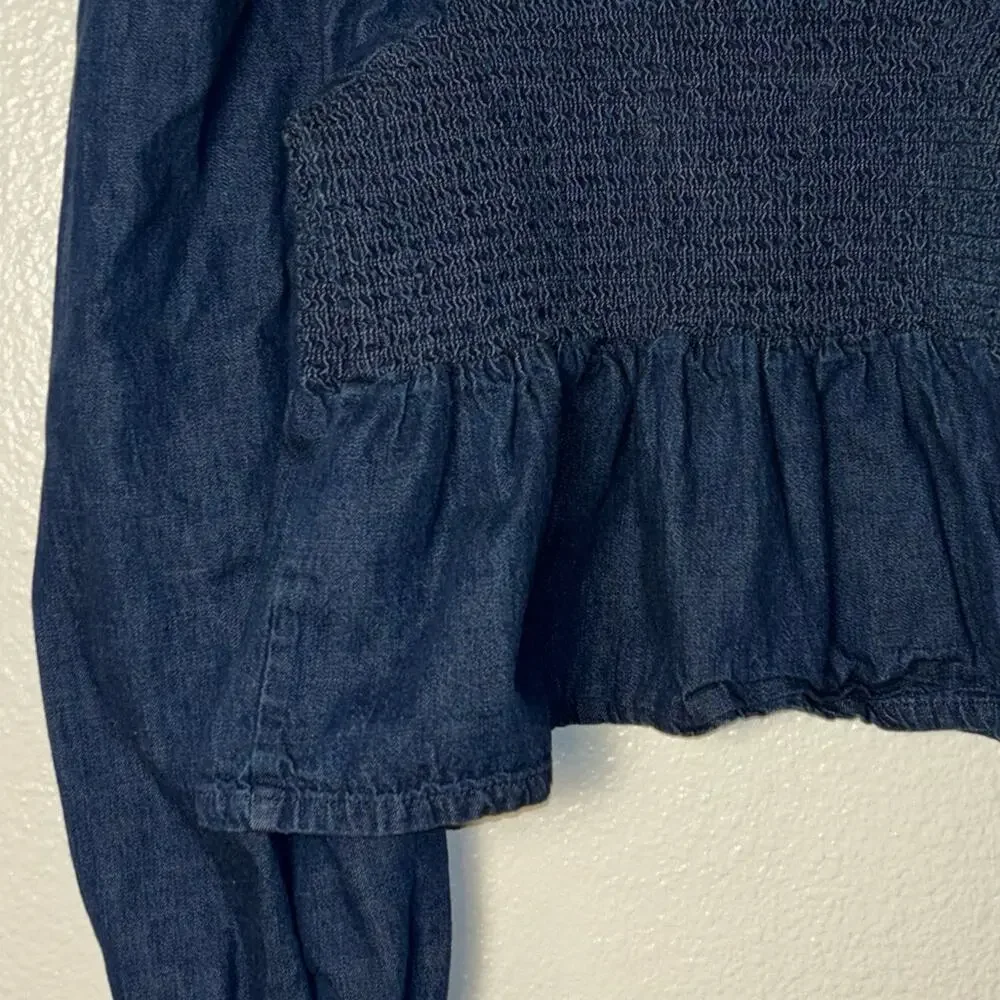 J. Crew Chambray Smocked Puffed-Sleeve Top Birch Wash (off shoulder) woman's Med